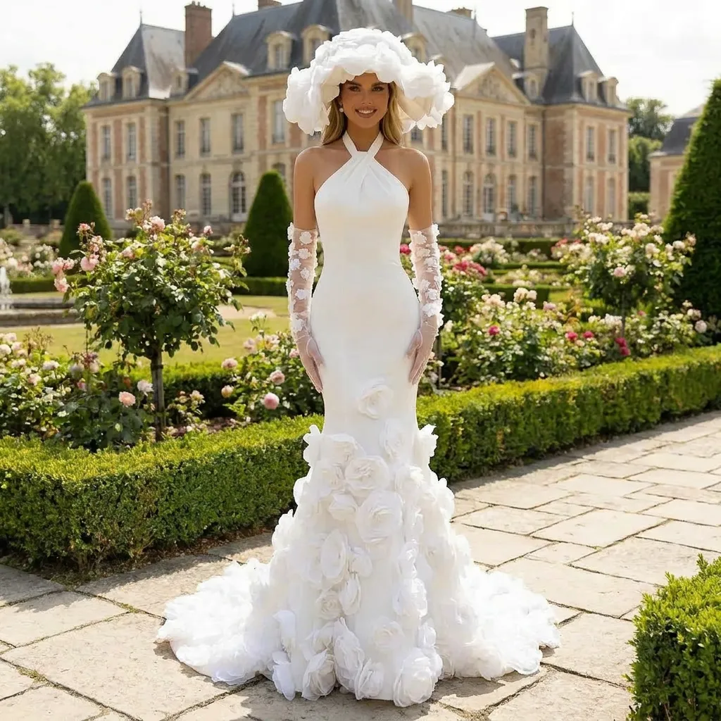 Elegant Halter Mermaid Wedding Dresses Sleeveless Lace 3D Floral Bridal Gowns