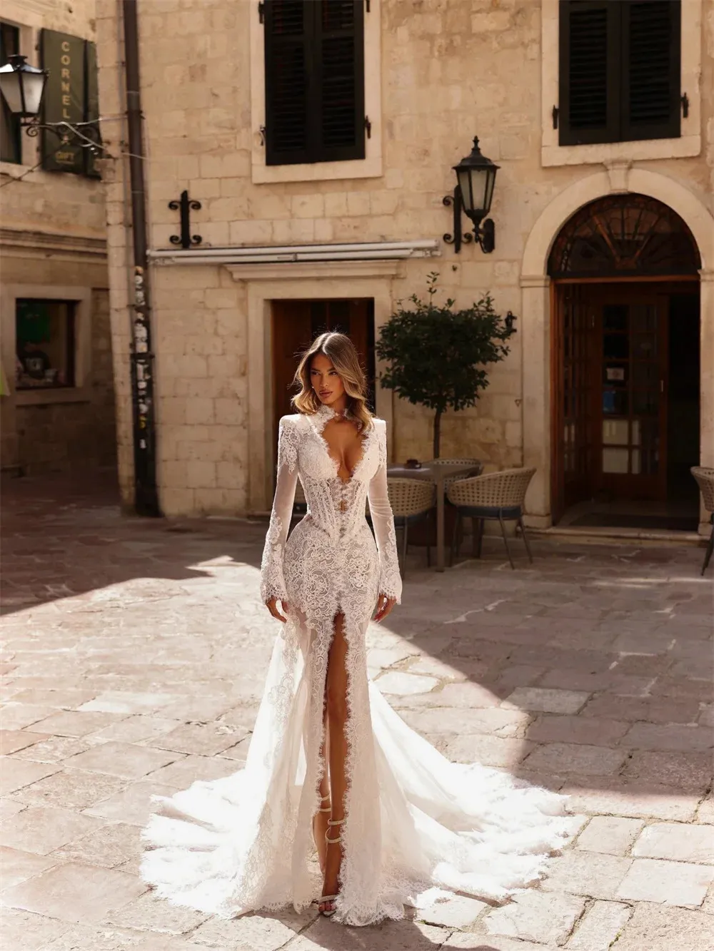 boho wedding dress with slit Beautiful Lace Mermaid 3D Flowers Boho Wedding Dresses With Slit, MW1006