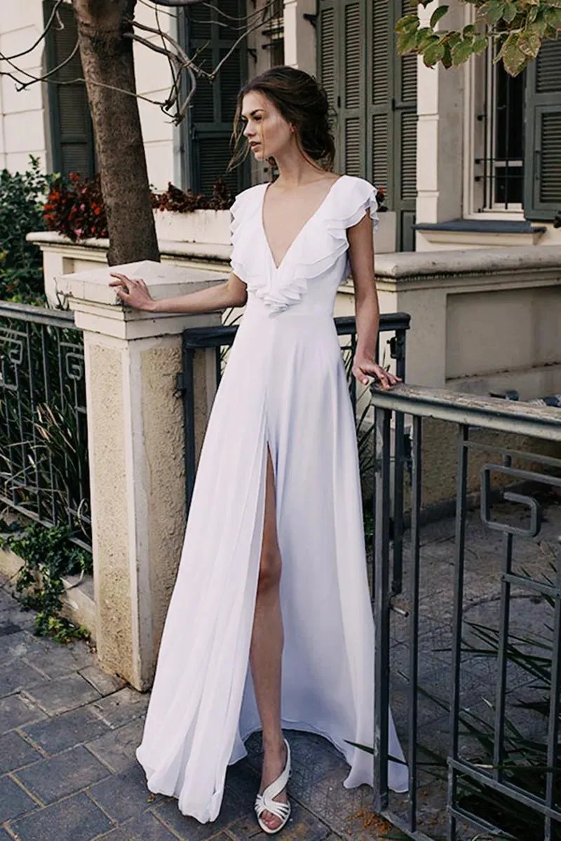 deep v neck wedding guest dress Front Split Floor Length Bridesmaid Dress, V... From Blisselegance, Rs.11,319.58 Silk Size:Small/7 And the bride wore type:Fit & Flare Dress Flattering fit and flowing