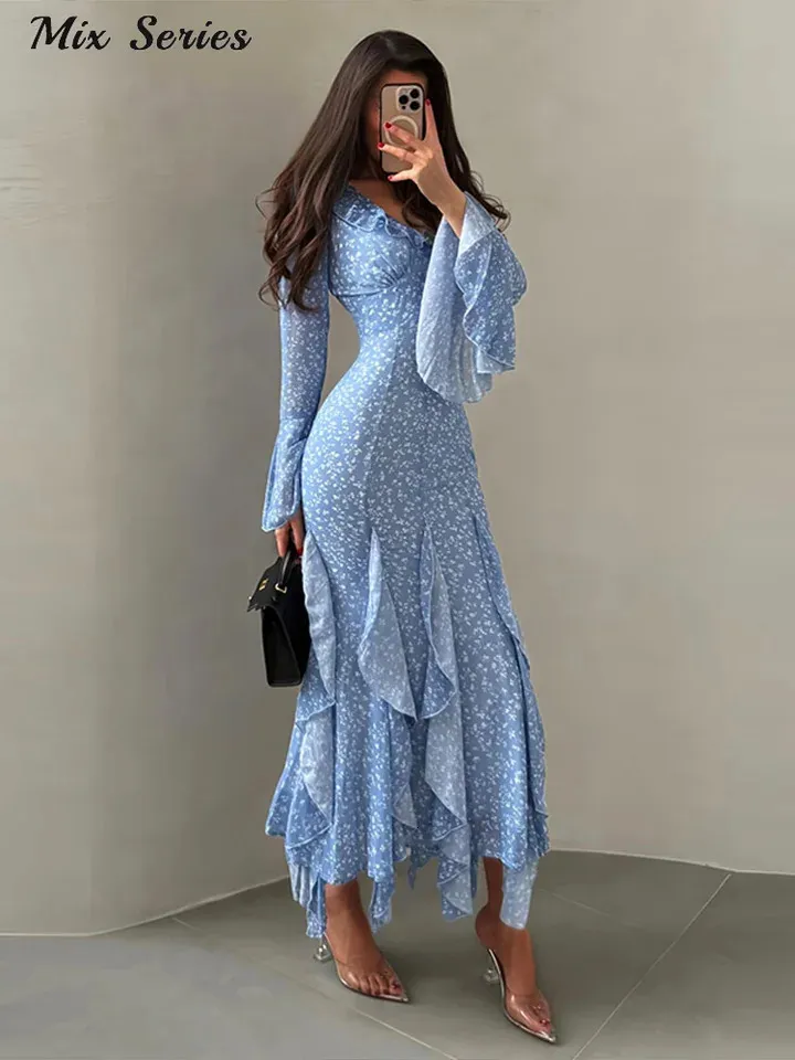 ruffle hem bodycon dress Elegant Floral Print Dress, V-Neck Flare Sleeve, Ankle-Length Summer Evening Wear for Women this dress is a