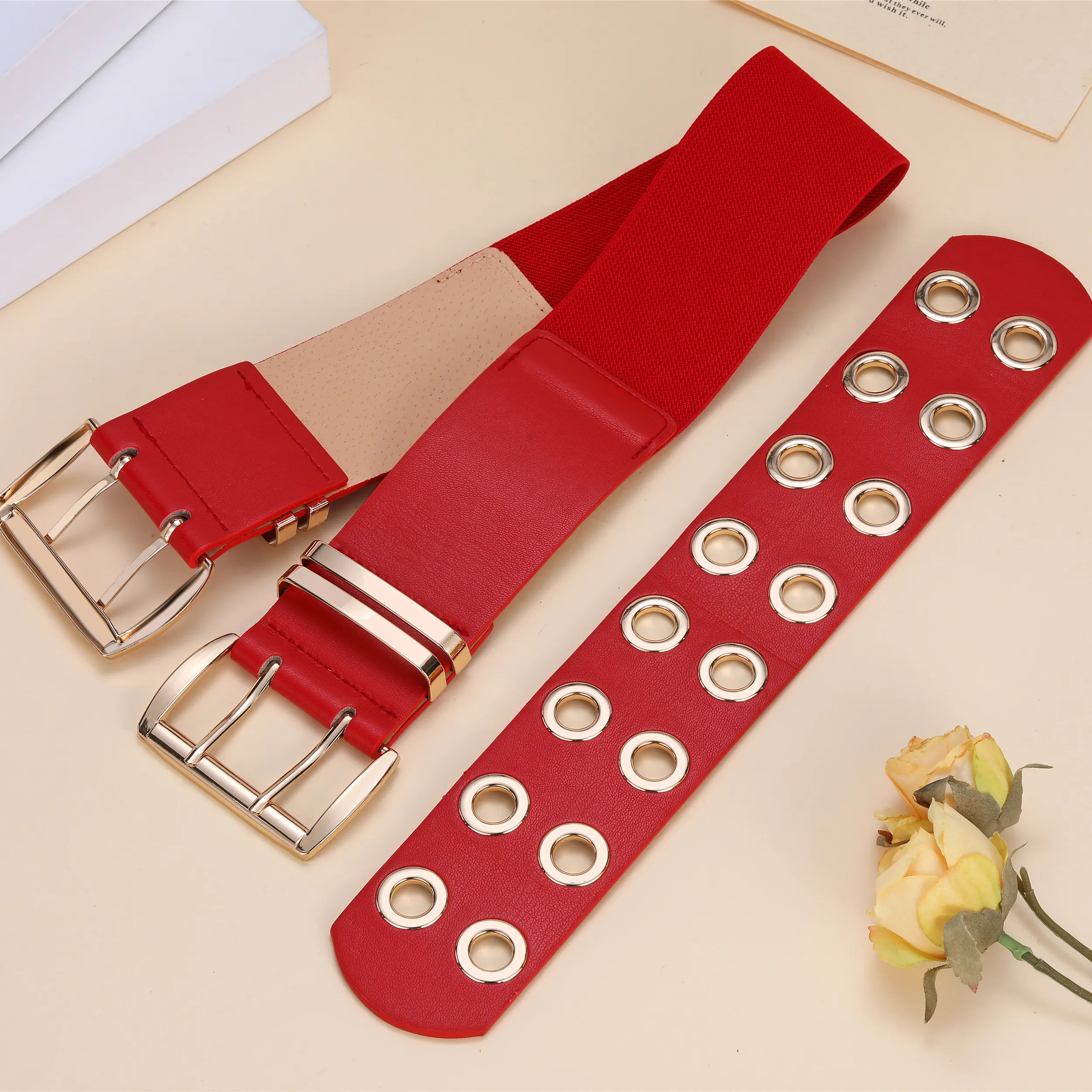 8244 Chic Full Grain Leather Elastic Belt, Wide Adjustable Corset WHIPPY Women Corset Belt Elastic Waspie Wide Waist Belts for  main image 2