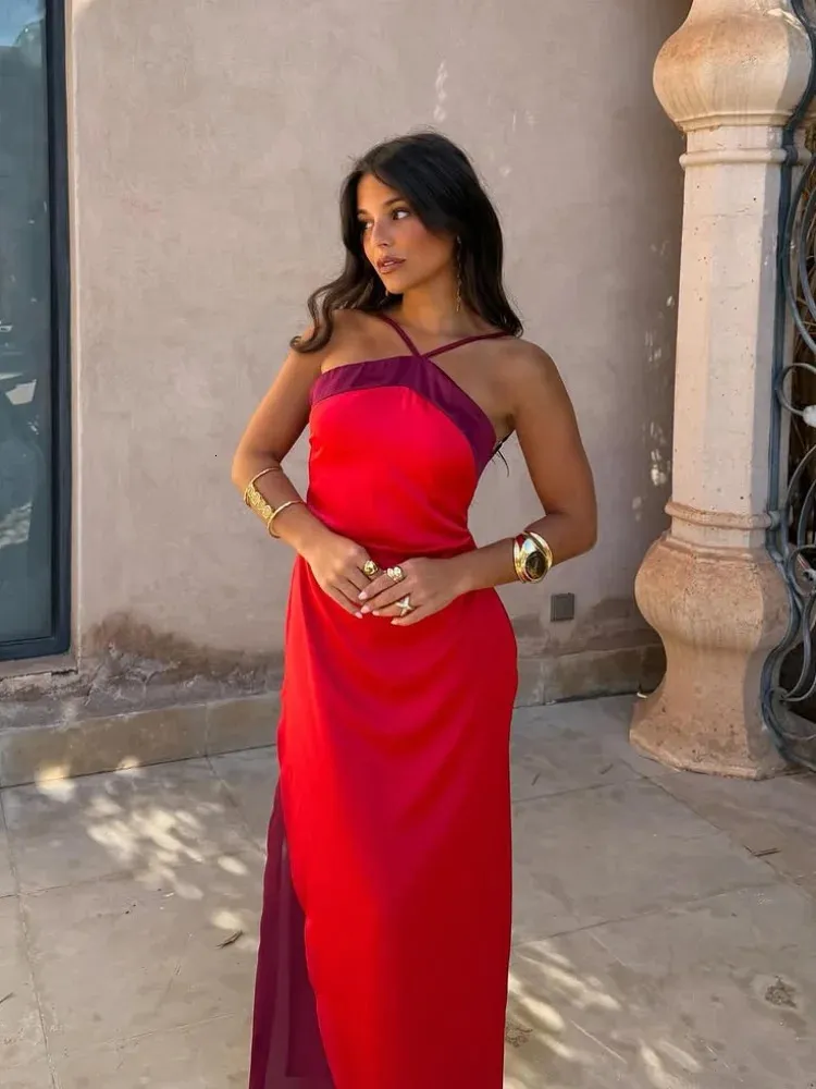 color block halter maxi dress Color Block Chiffon Trapeze Dress With Chain Halter Neckline In Red Multi