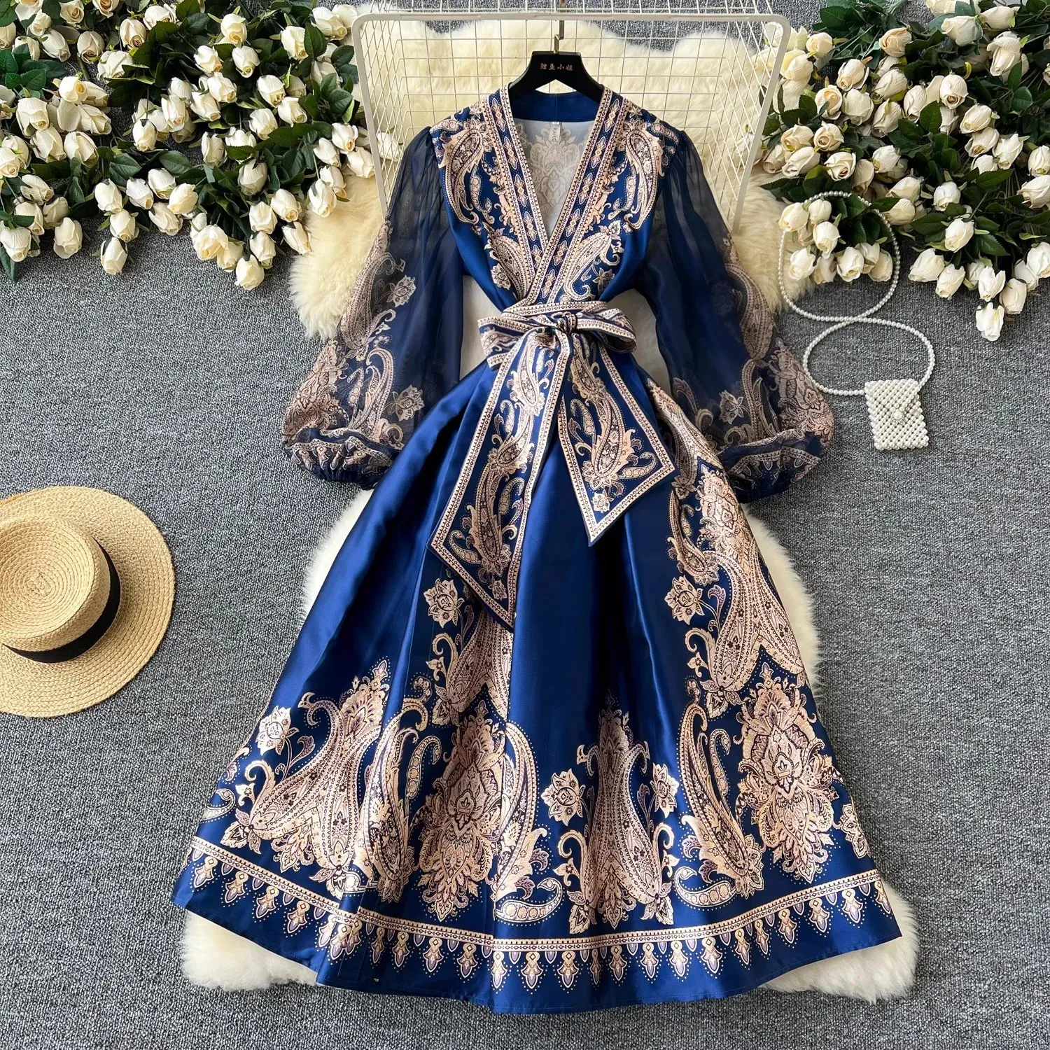 bohemian paisley dress Retro bohemian paisley print dress with long lantern sleeves and high quality belt blue / L