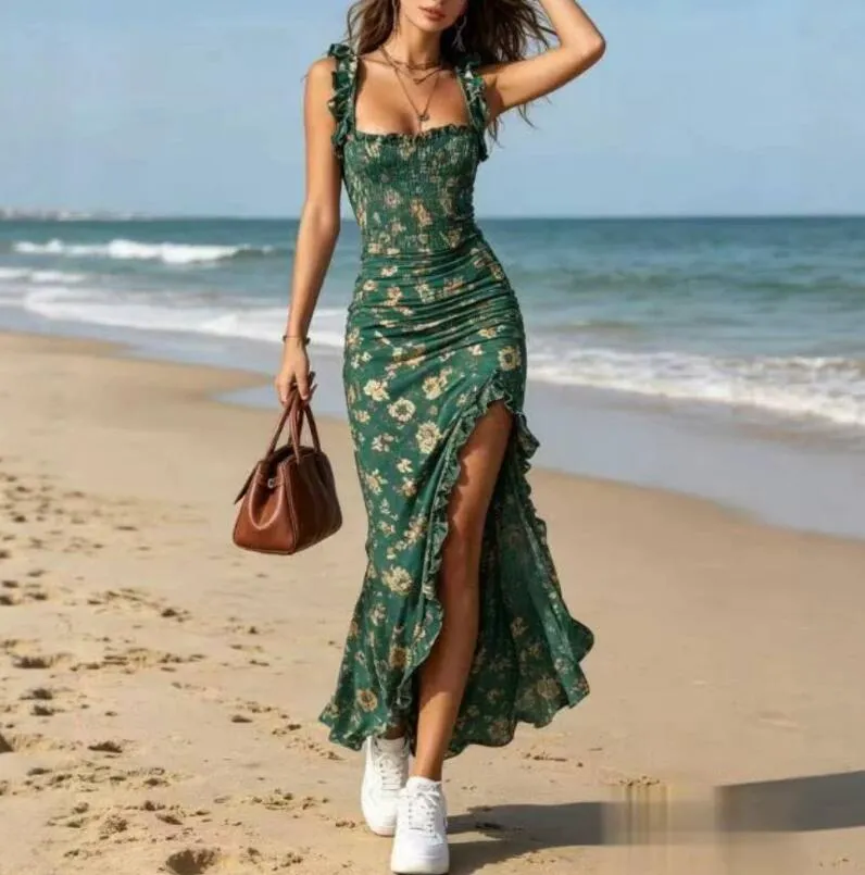 high slit casual maxi dress Aloruh White Summer Casual Tropical Elegant Vacation Long Dress,High Slit Maxi Dress,Muse Goddess Style,Suitable For Island Graduation Season Party