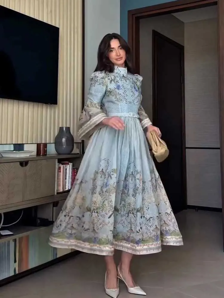 Elegant Printed Belted Maxi Dresses Women Slim Puff Sleeve Lace-up Stand Collar Dress 2026 New Ladies Summer Party Evening Grown C260606