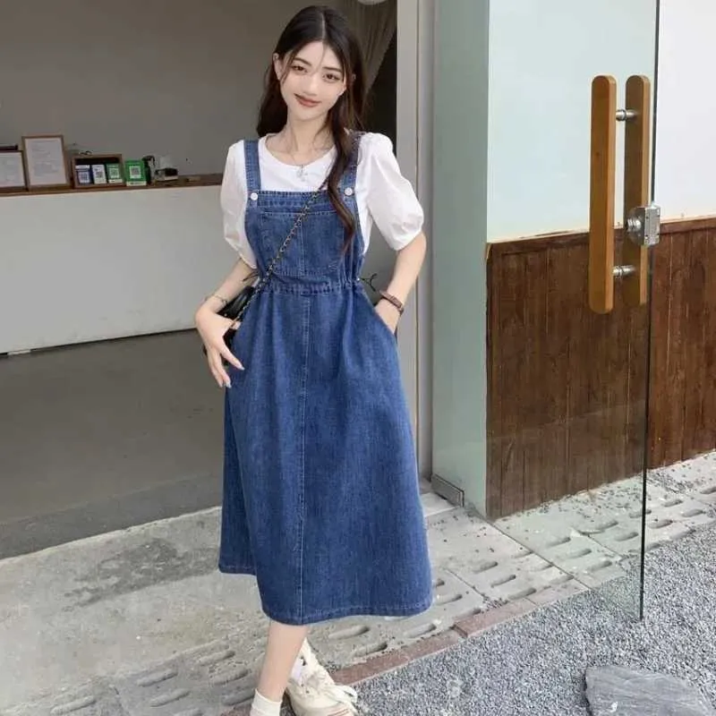 Suspender Womens Denim Mid Length Denim Skirt High From Tweedes