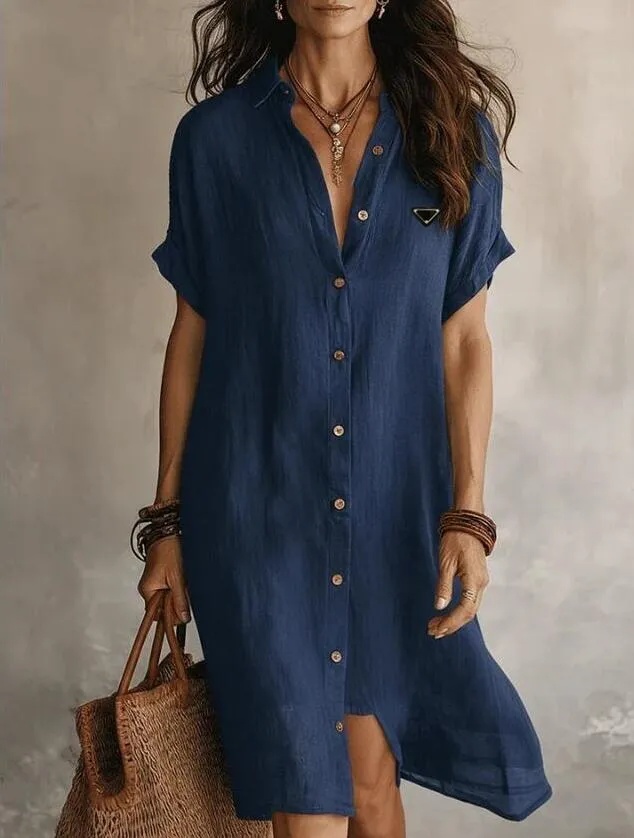 misses shirt dresses Ecqkame Summer Womens Shirt Dress Casual Short Sleeve Turndown Collar Dress Solid Color Button Down Beach Dresses with Pockets Dark Gray S