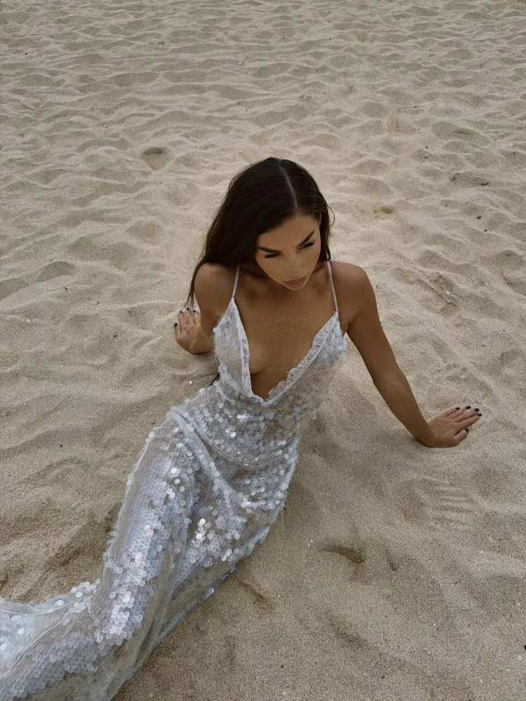 shimmer beach dress Lace-Trim Sequin Maxi Mermaid Slim Fit Deep V Spaghetti Strap 2026 Summer Sexy Women Gown Party Vestido 260605 AKIRA Far From Basic dress with fringe Models:Model 1 catching sparkle and glamour
