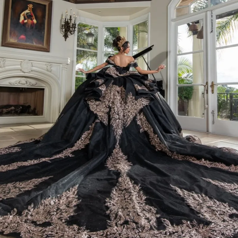 gold and black quinceanera dresses Elegant Applique Lace Sequin Bow Corset Sweet 16 Long Sleeves Party Dress