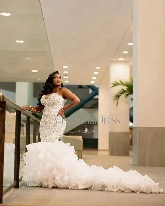 Custom Organza Beaded Ruffled African Wedding Dress Mermaid Style With Beading Sweetheart Neckline Mb68