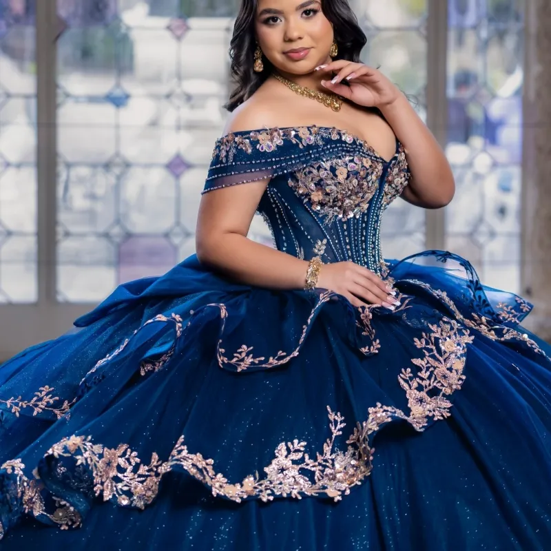 navy blue and gold quince dresses Quinceanera Applique Lace Beading Crystal Bow Tiered Tull occasion-Summer