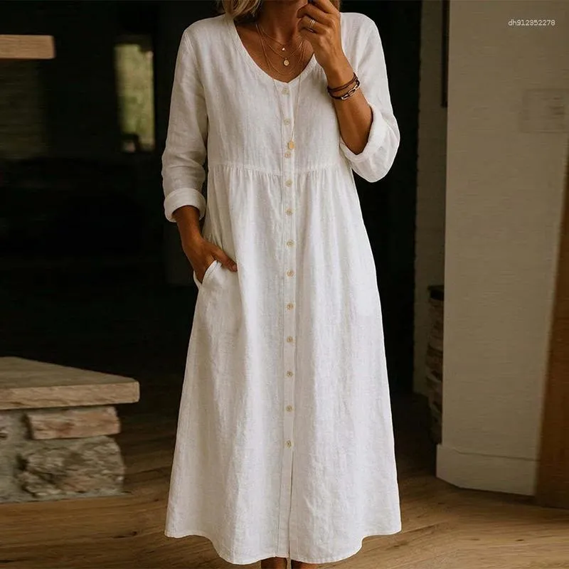 cotton linen casual dresses Cotton Linen Dress Women Casual Summer Long Dresses V Neck Short Sleeve Maxi Dress Loose Side Split Sundress Pockets Black at Amazon Women's Clothing store