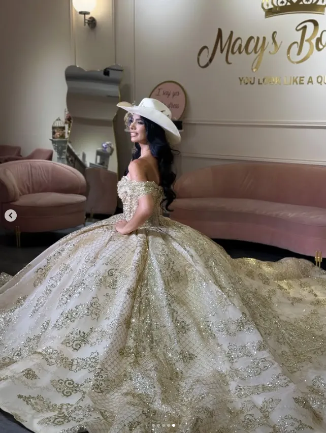 Luxury Gold Quinceanera Gold Wedding Dress With... From Alegant_lady, Rs.21,337.27