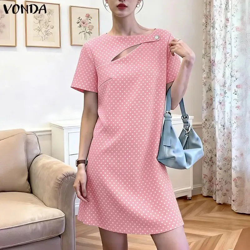 vonda lady dress Women Mini Summer Short Sleeve Aline Dots Buttons Party Dresses Casual OL Work Streetwear Vestidos Fashion Sundress 260609 outsidelands