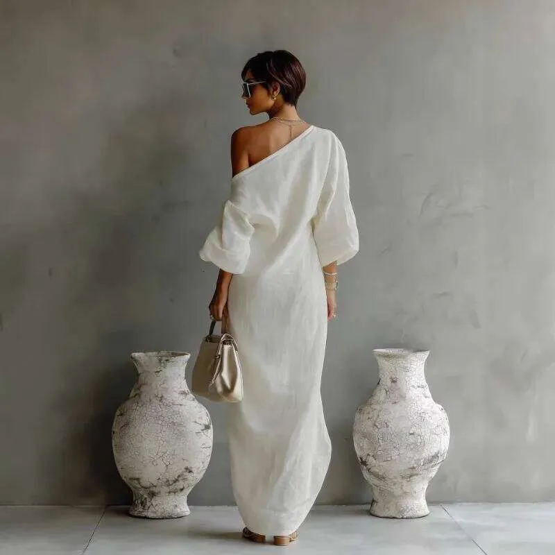 white linen one shoulder dress Alina One Shoulder Linen Dress (Sale)