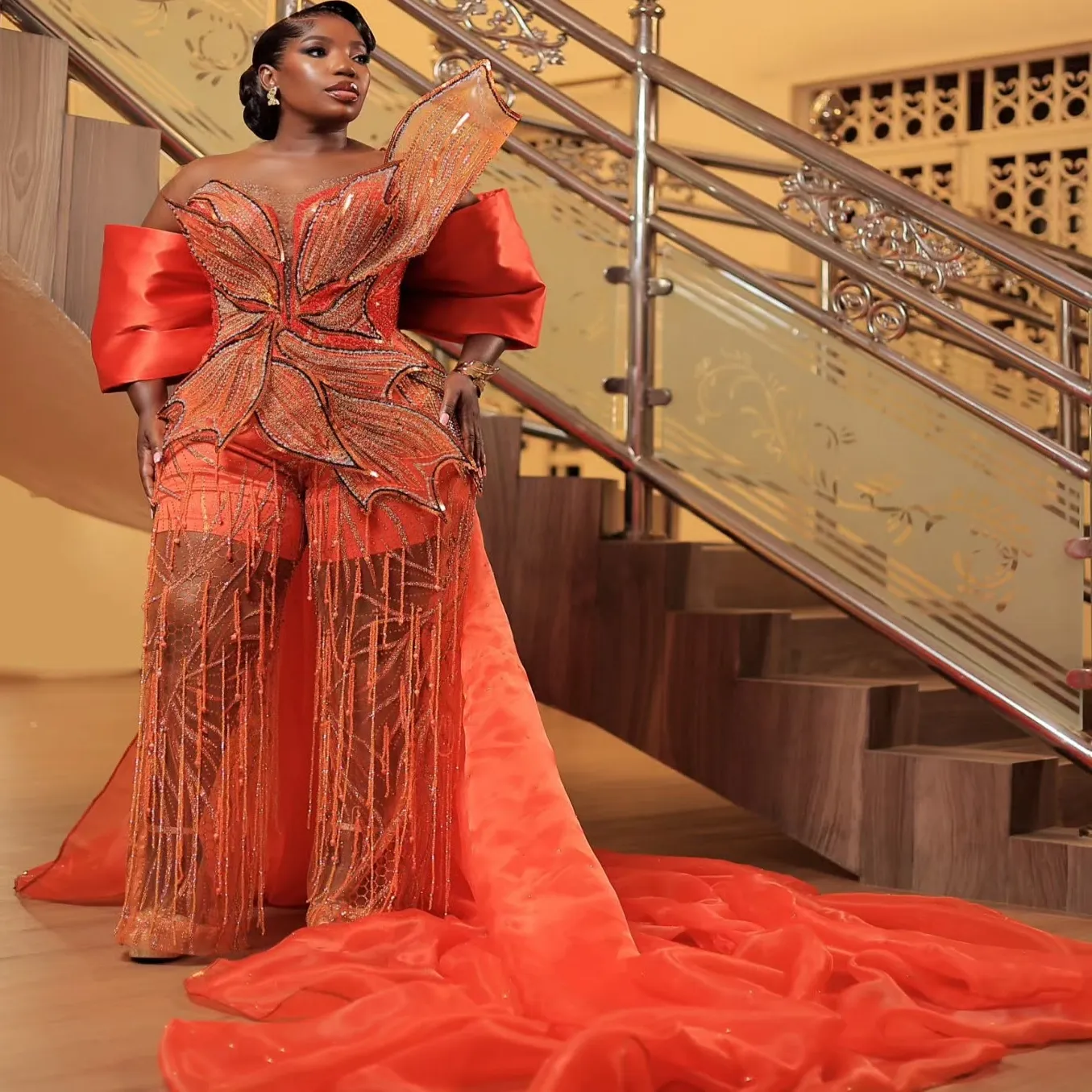 orange engagement dress Traditional Orange Color Stitched Gown For Engagement XL / Orange