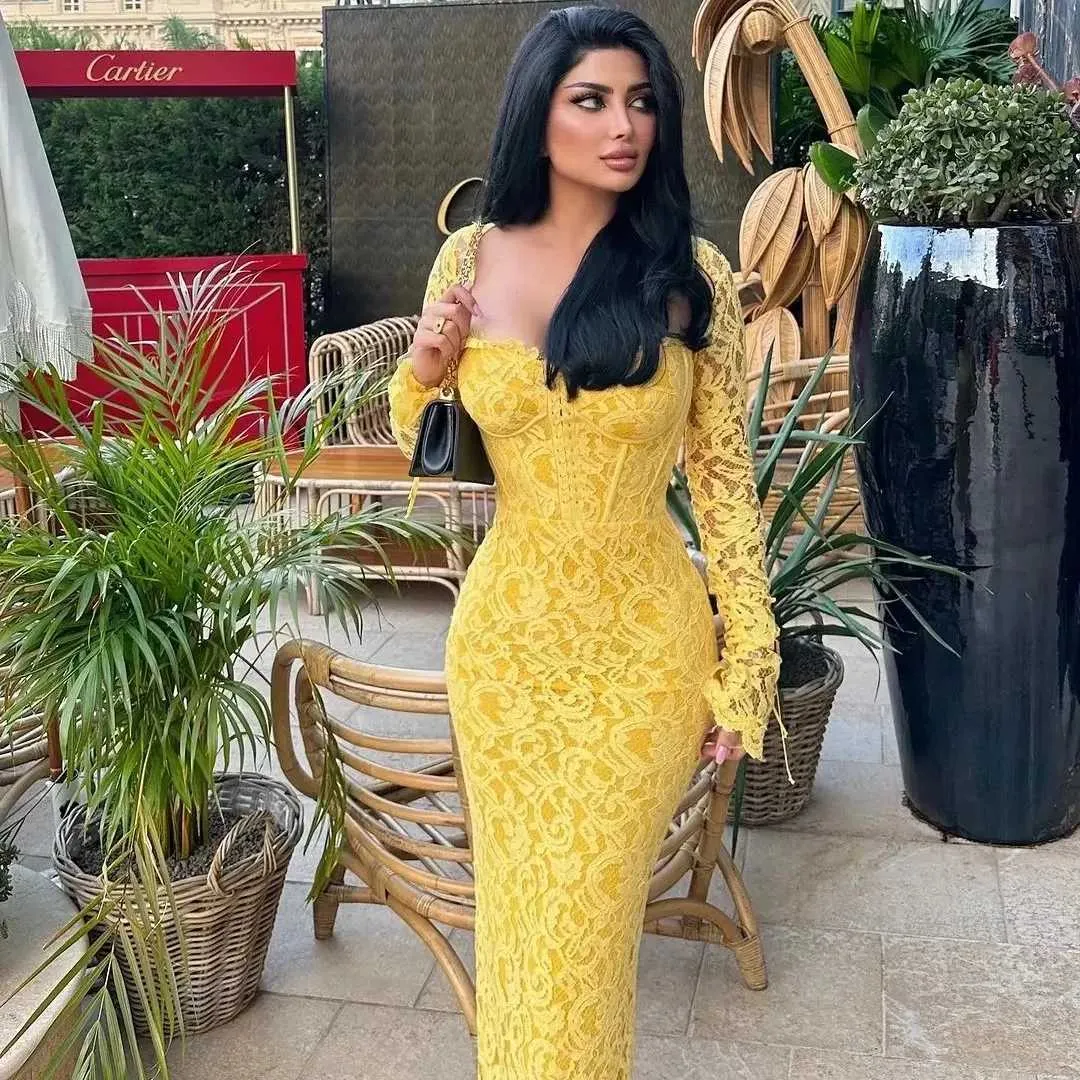 long sleeve yellow lace prom dress Yellow Geometry Pattern Lace Mermaid Prom Dress