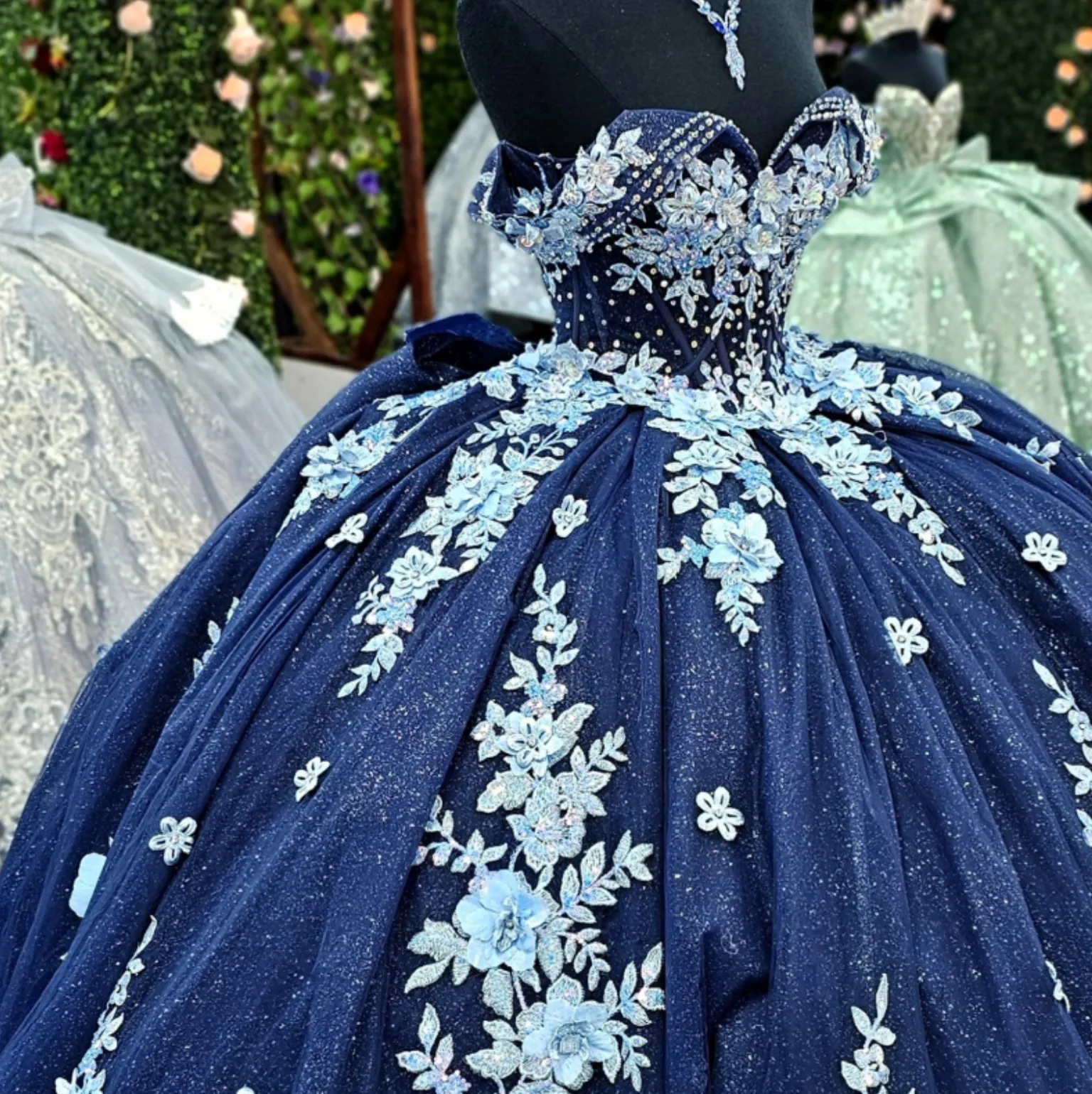 heart shaped blue dress Dark Adult Ceremony Strapless Heart-Shaped Neckline with Sparkling Crystal Beads, Large Train Puffy Skirt Quinceanera/Sweet 16 Luxury Ball Shaped neckline