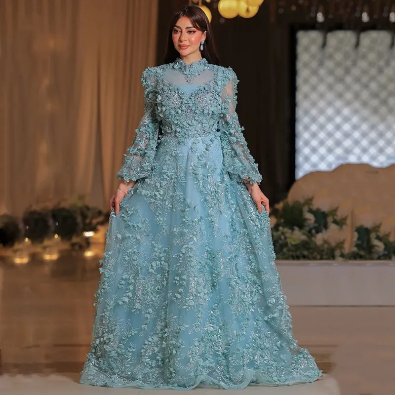 saudi evening dresses Luxurious Beaded Lace gold sequin evening gown with Full Sleeves for Women