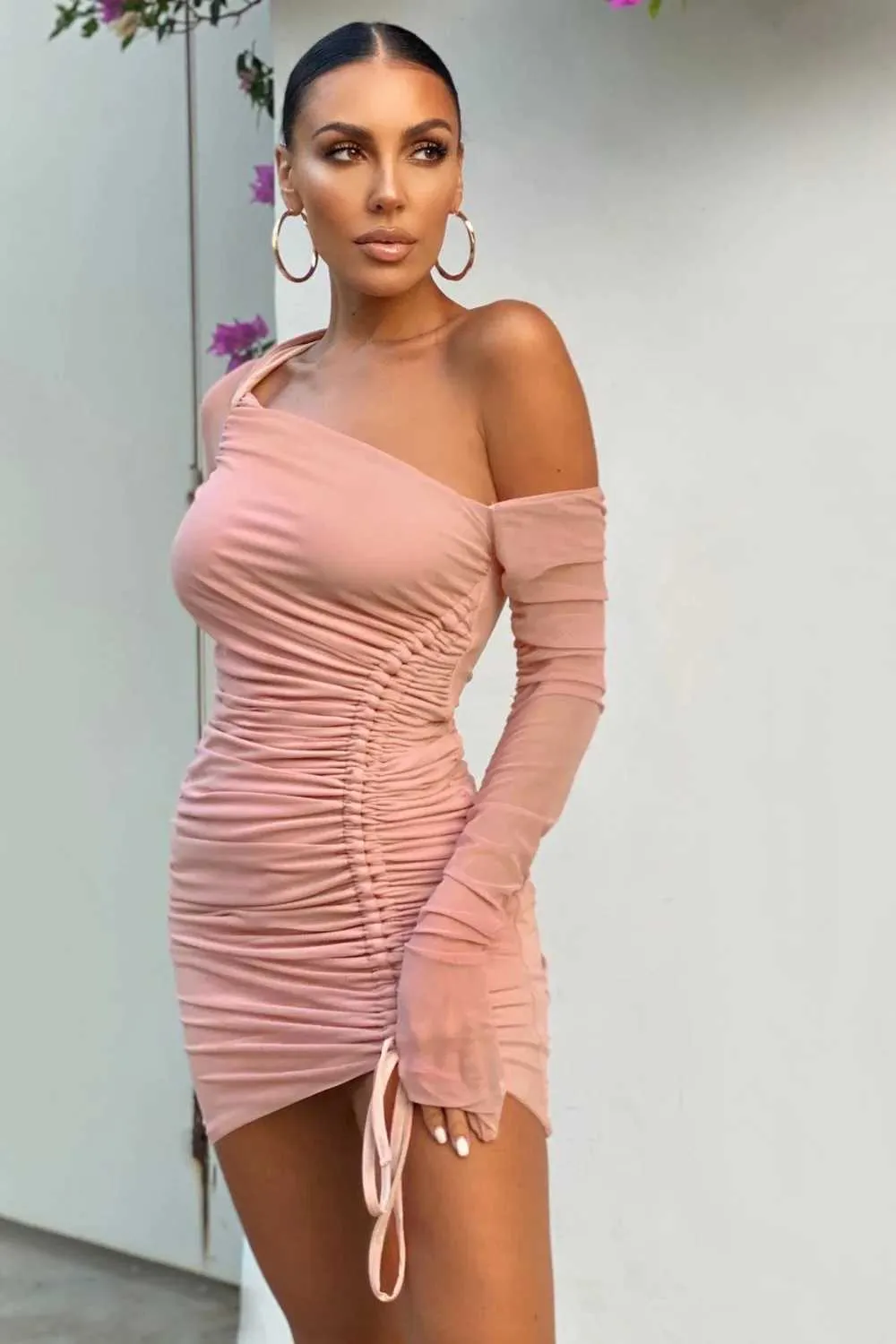 one shoulder long sleeve ruched dress One Shoulder Long Sleeve Ruched With Side Slit Wedding Dress QW8129