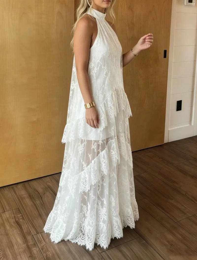 White Halter Halter Maxi Dress With Tiered Lace And... From Apparelone, $34.9 In Bulk