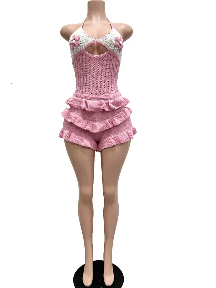 Y2K Crochet Knit Ruffle Strap Romper With Halter From Topwang01