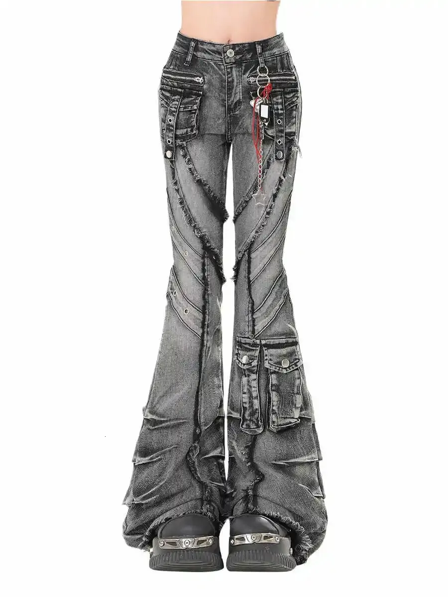Japanese Y2K Womens Denim Flared Witchery Jeans With From