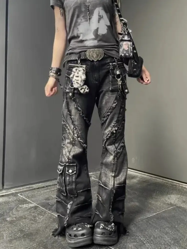 Japanese Y2K Womens Denim Flared Witchery Jeans With From