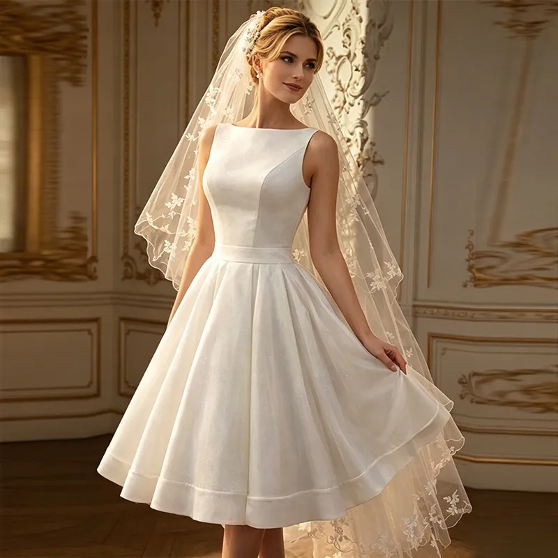 boat neck short wedding dress Simple Boat Neck White Midi Dress Bridal With... From Donnaweddingdress17,  Rs.8,365.71