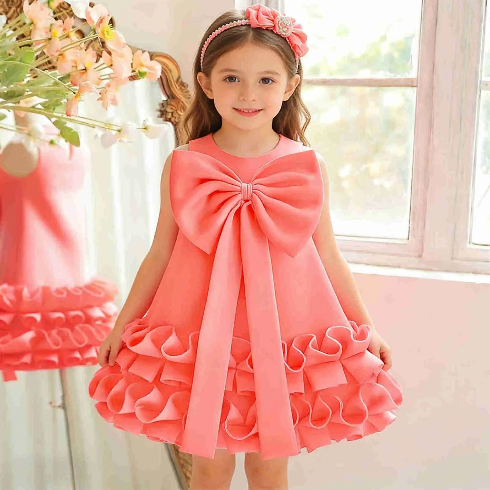 summer party dresses for girls Large Bow Ruffled Princess Pink Birthday Dress For... From Taworri232,  Rs.1,338.41