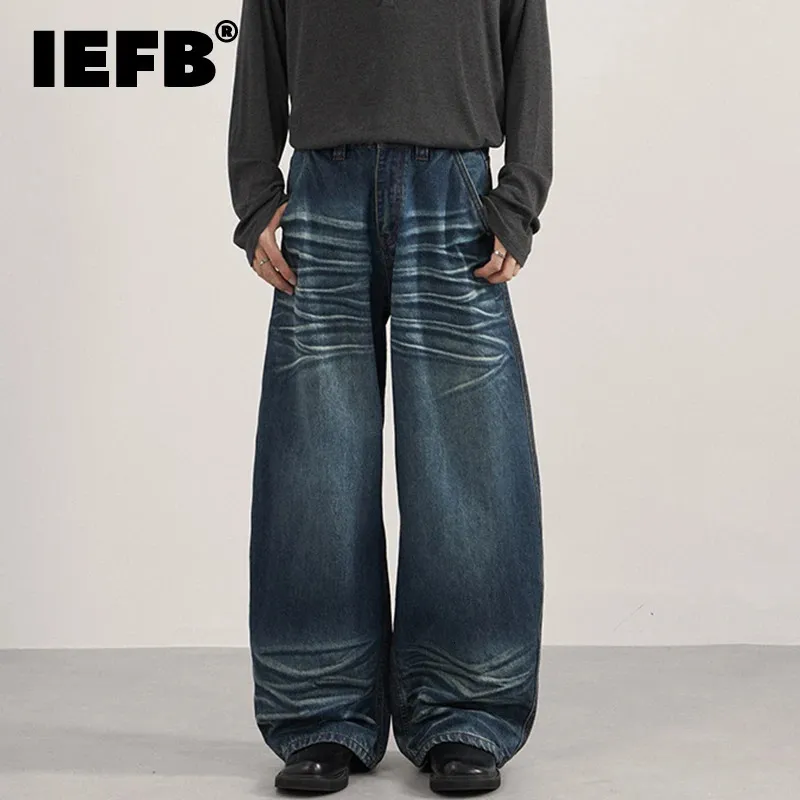 IEFB Niche n Mens Jeans Washing Contrast Color Moustache Effect Bottom Loose Wide Cleanfit Male Denim Pants Autumn 9W4162 260610BJ