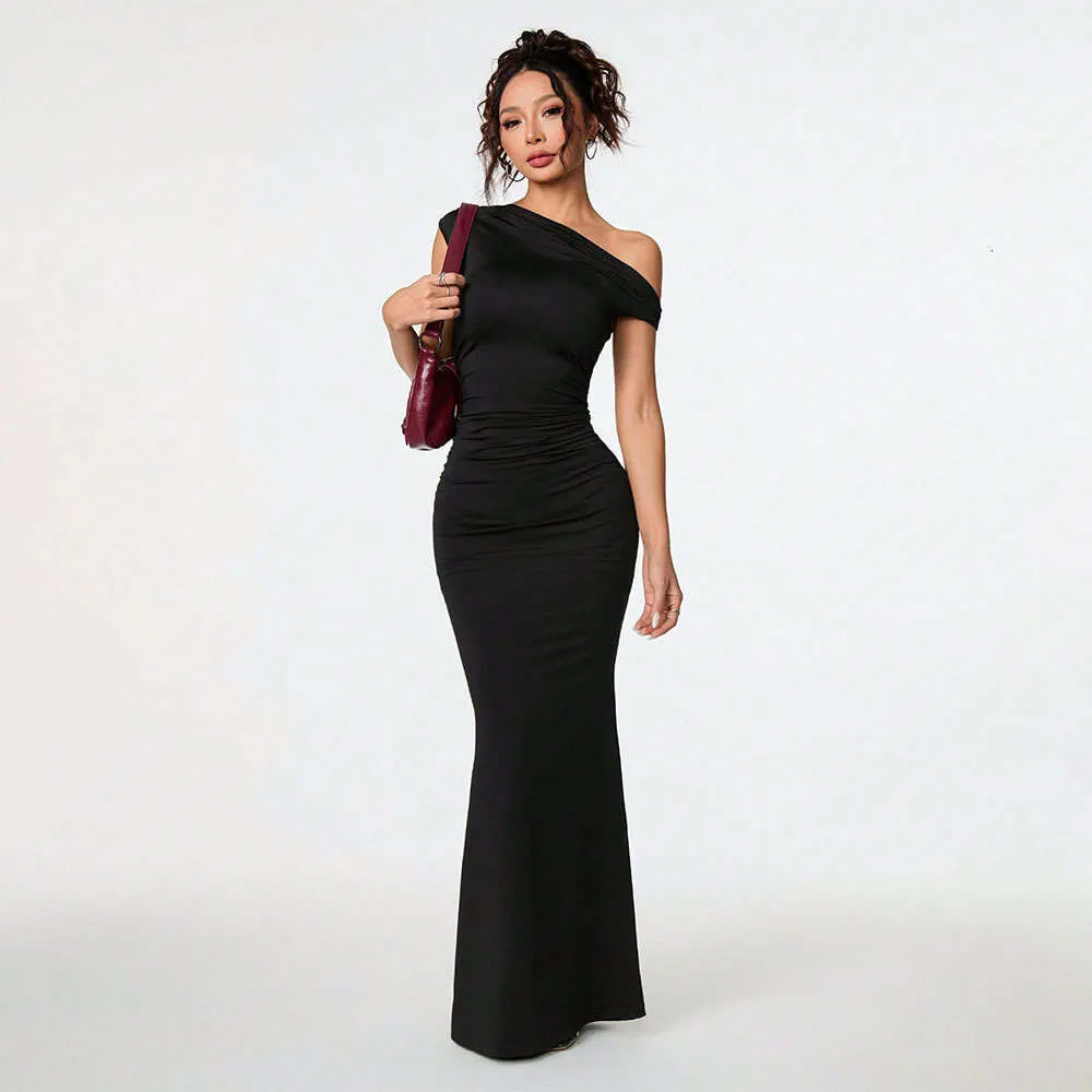 maxi hot dresses for ladies night Sale Women's Fashion SEXY womens WOMEN Socialite Style Summer Off-Shoulder Asymmetrical Neck Black Gown Long dress club Yellow Prom Dress