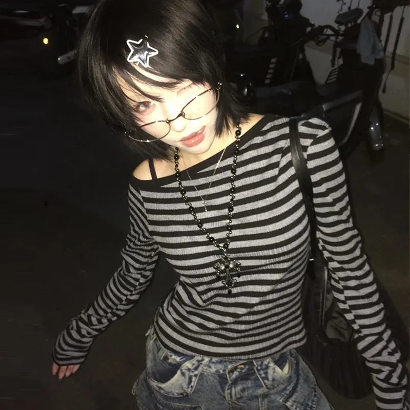 Japanese Y2k Striped Y2k Cami Top Long Sleeve From Buyocean01