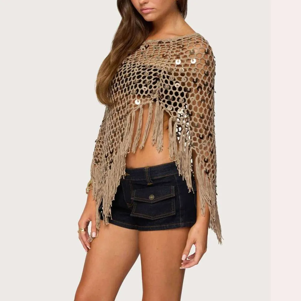 Crochet Knit Asymetrical Cropped Poncho