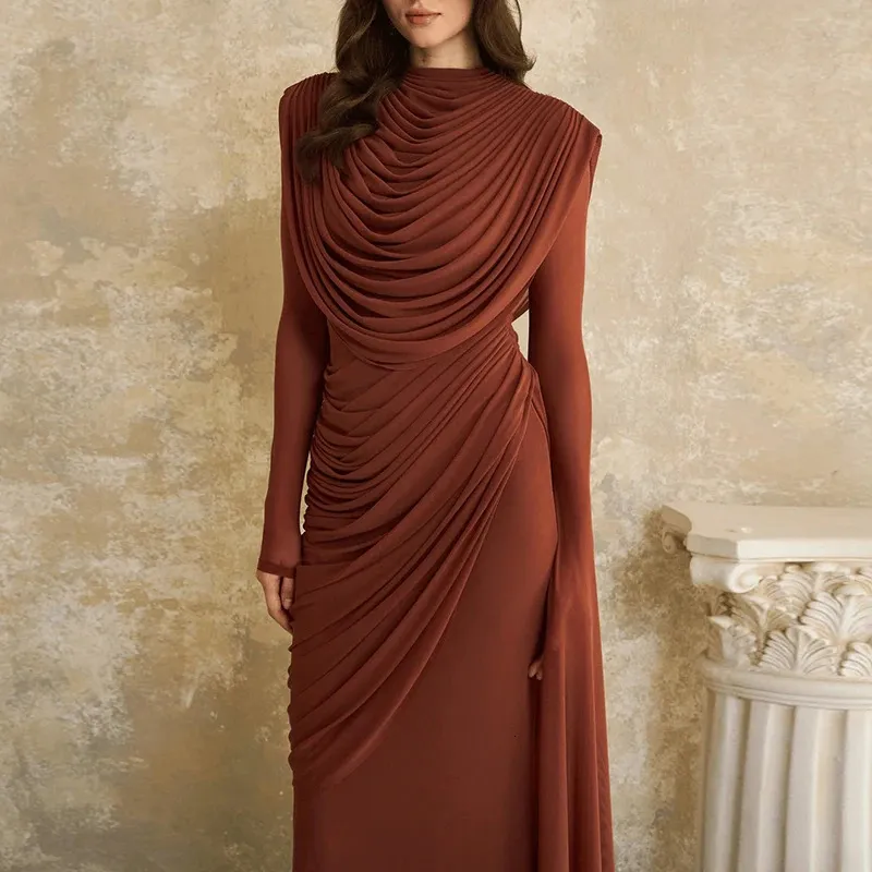 slim fit dresses with sleeves Slim Fit Dye Long Sleeve Dresses Casual Round Neck Maxi Bodycon Mesh Fabric Slit