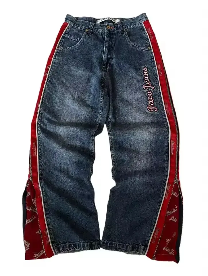 Y2K Embroidered Denim Jeans, Red And White Contrast From Bai02