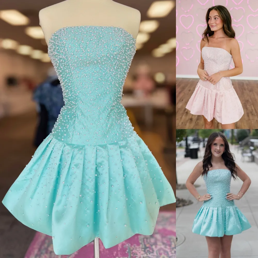 Beaded Strapless Hoco Dress Fit-n-Flare Aqua Pageant Interview Prom Cocktail Party Homecoming Court Gown Runway Gala Black-Tie Drama Semi-Formal 
