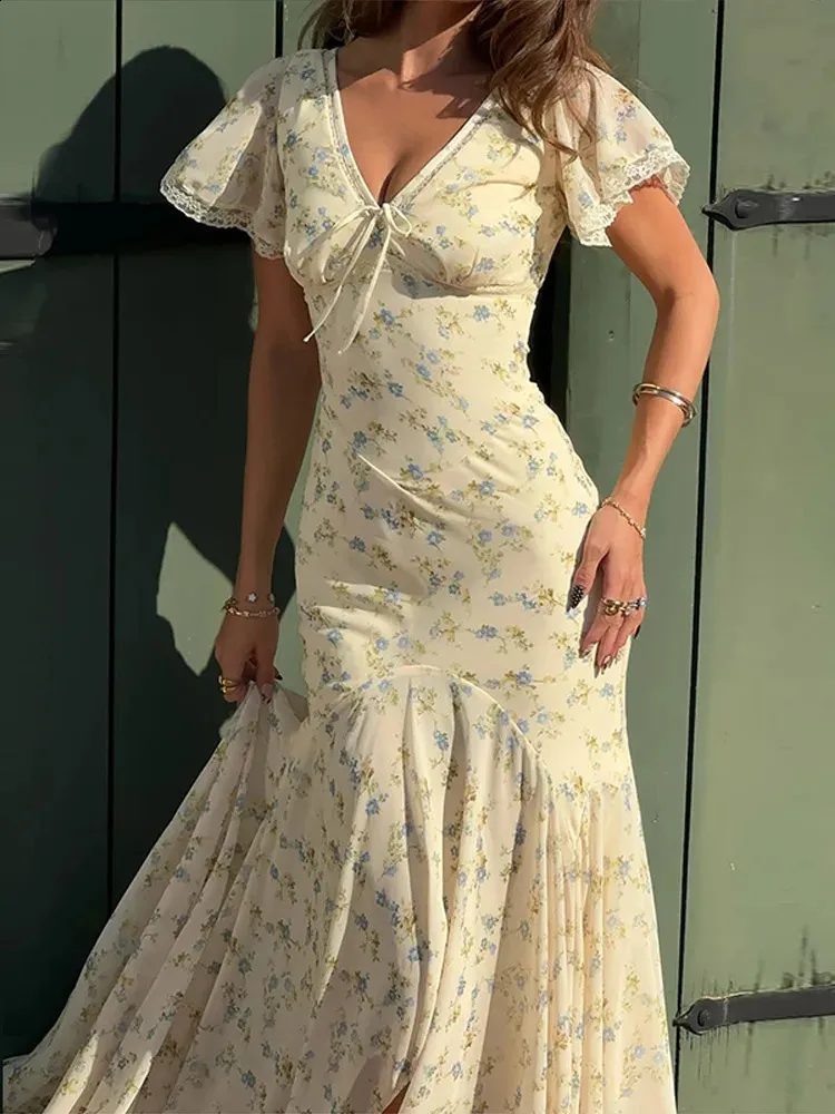 floral print lace trim v-neck maxi dress Romantic Floral Lace Maxi V Neck Dress With Flutter... From Xianstore02,  Rs.2,466.4