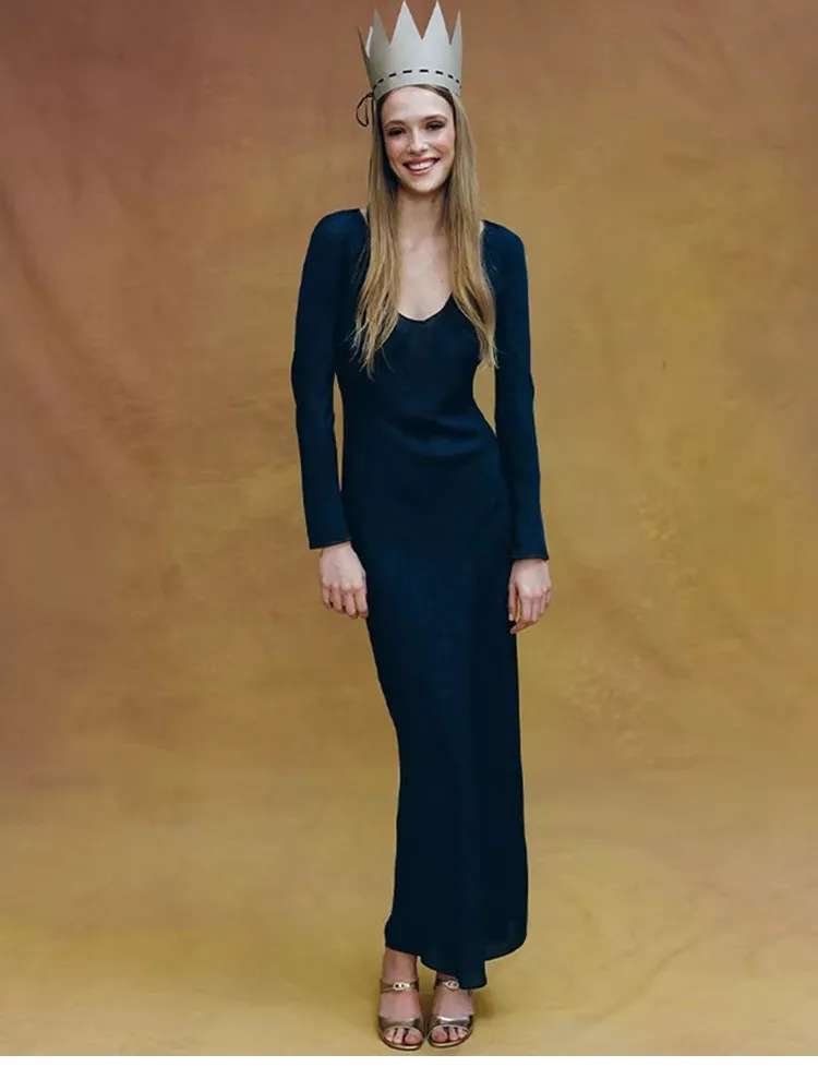 2026 Black And Blue Bias Cut Silk V Neck Long Sleeve... From Womenclothing123, Rs.13,107.56 In Bulk
