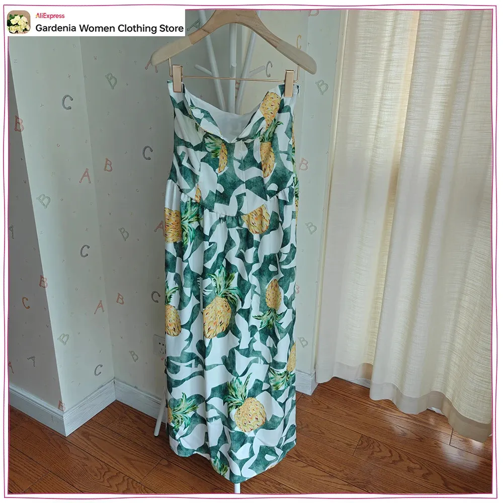 Fruit Print Bustier Poplin Strapless Midi Dress For... From Kong04, Rs.2,482.77