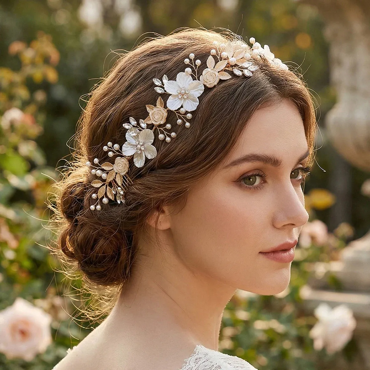 Gold Crystal Pearl Flower Hair Vine Bridal Wedding Headband Vine Accessory Handmade Gold Leaf Crystal Bridal Bridal Flower Hair... From  main image 2