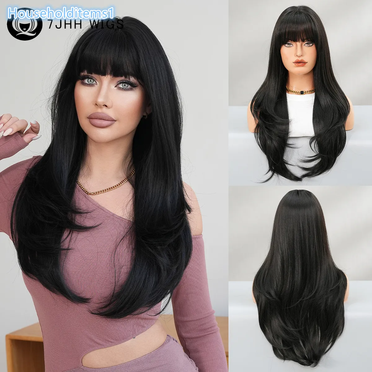 Layered Wig with Bangs for Women, 26 Inch Long Synthetic Hair, Glueless Straight Human Hair Wig With Bangs NO Lace Front Machine  main image 4