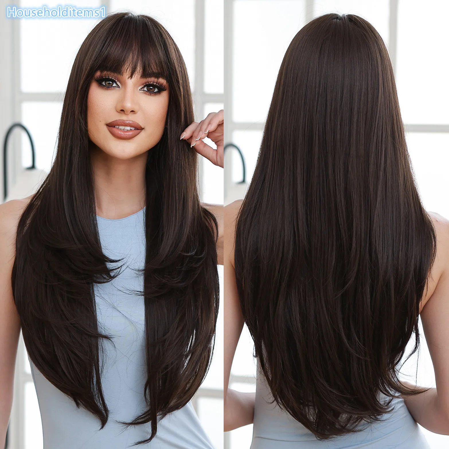Women\'s Natural Black Heat Resistant Middle Length Natural Layered Straight Wig 26 Inch Long Black Layered Synthetic Wig for Women - Middle  main image 4