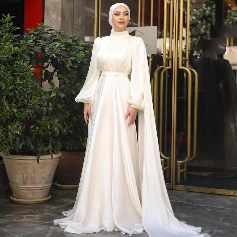 Evening Dresses for Women 2026 High Collar Puffy Long Sleeves Evening Gowns Long Pleated A Line Saudi Arabian Formal Gowns