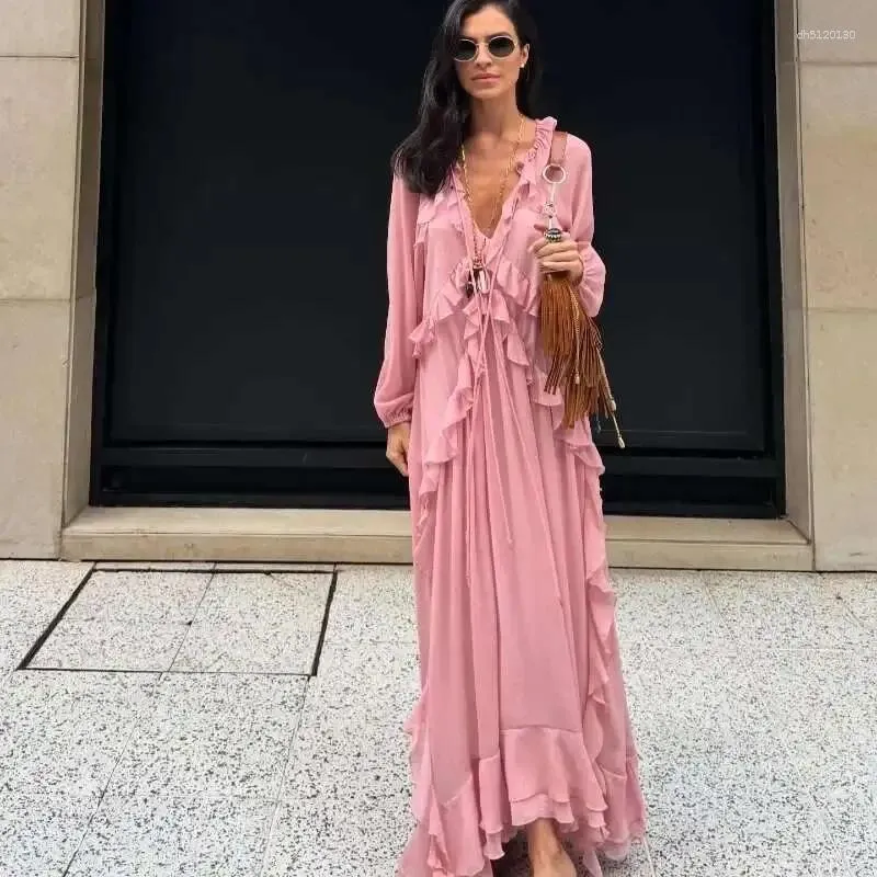 solid ruffles lace up maxi dress Minimalist Solid Ruffled Patchwork Casual Tiered Maxi... From Dh5120130,  Rs.3,988.24 In Bulk