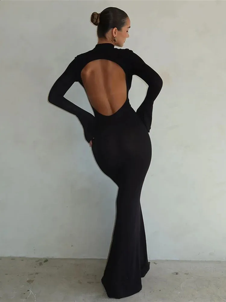 Autumn Winter Backless Sexy Black Bodycon Maxi Dress for Women, Long Sleeve Y2K Party Club Outfit, Streetwear Vestido