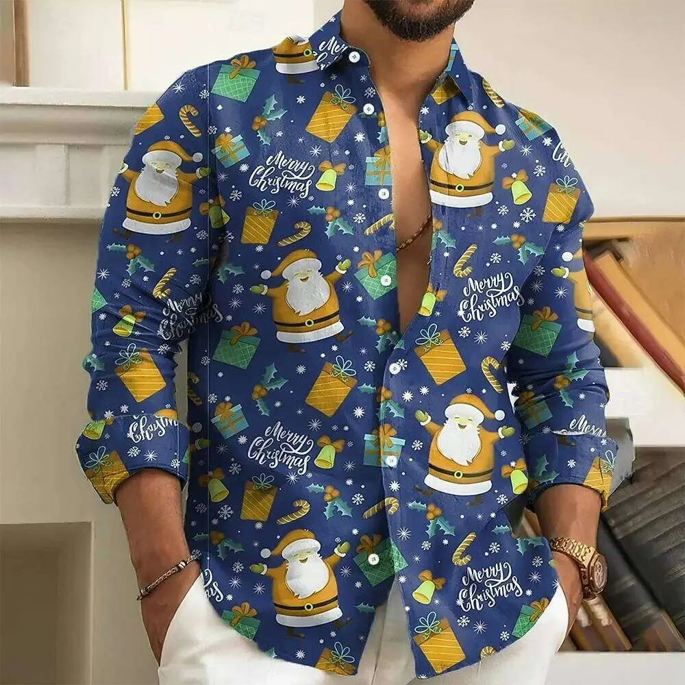 santa claus dress shirts qolati Mens Christmas Shirts Casual Printed Long Sleeve Button Up Dress Shirt Male Winter Festival Shirts Santa Claus Party Hawaii Blouses Top