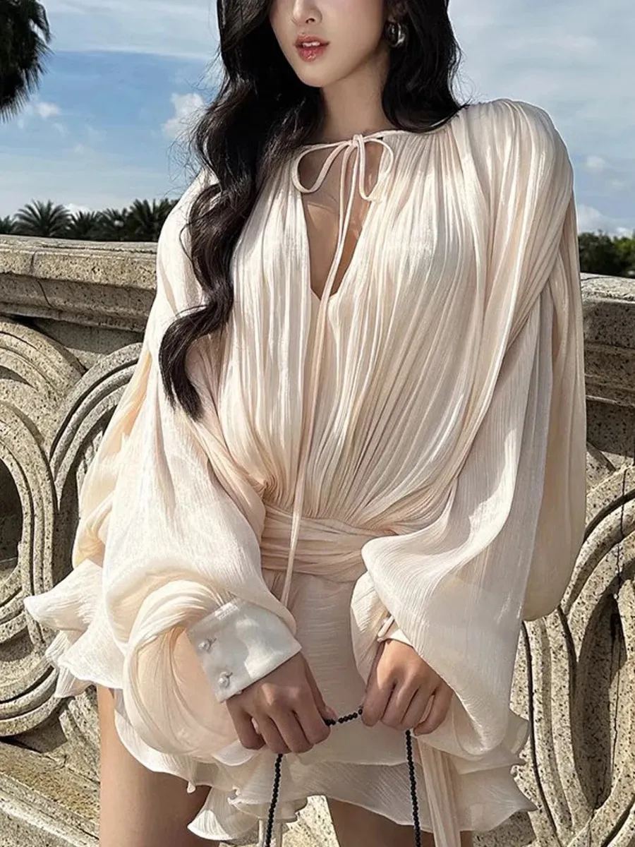 loose lace up dress Niche Design Breasted Loose Lace-up Long Dress Women's Summer Tight Waist  Pleated Shirt Collar Stitching Dress