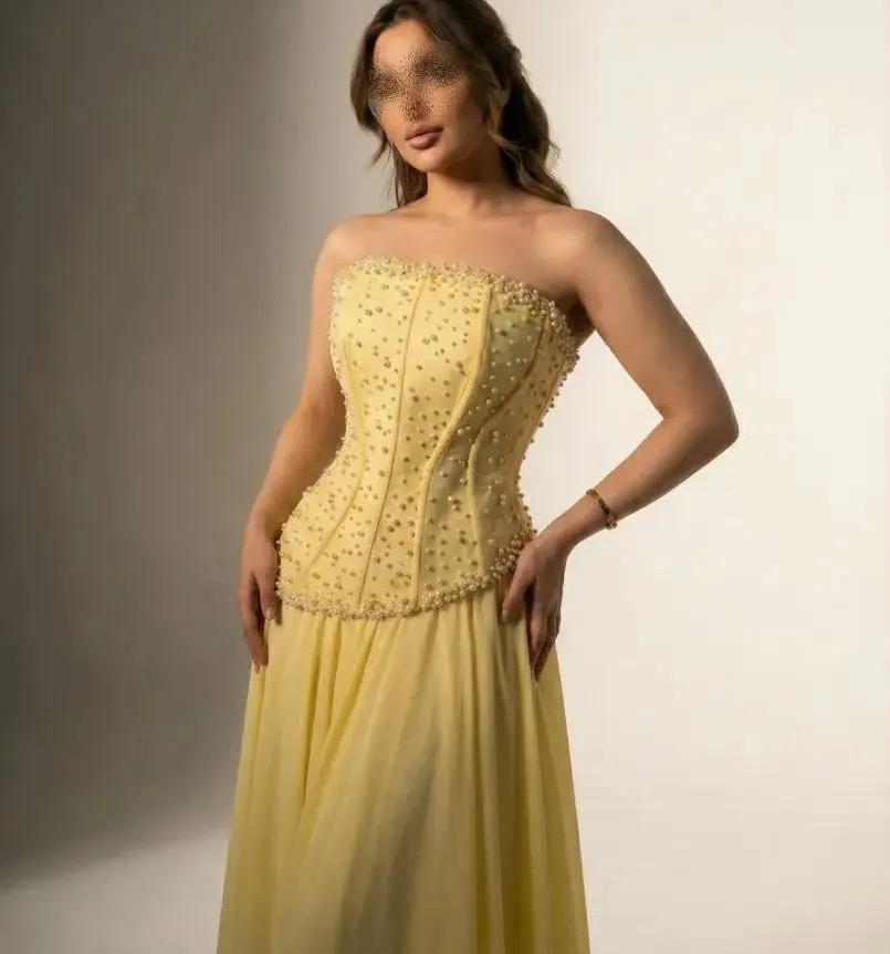 lemon yellow party dress Summer Lemon Yellow Strapless Maxi Dress For Women, Ruched Corset High Slit Formal Gown, Wedding Guest Dress, Prom Dress, Vacation Party Outfit