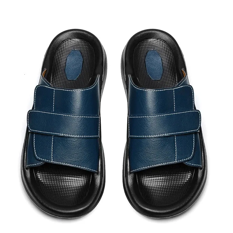 Good Man Navy Blue Leather Comfort Summer Slide Sandals Navy Blue Comfortable Slides Stylish Summer Sandals for  main image 4